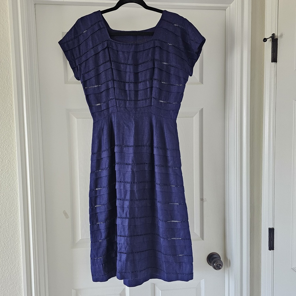 1940s 1950s Vintage Navy Ladderwork Linen Fitted Pencil Dress Cap Sleeve #15 - Picture 2 of 6